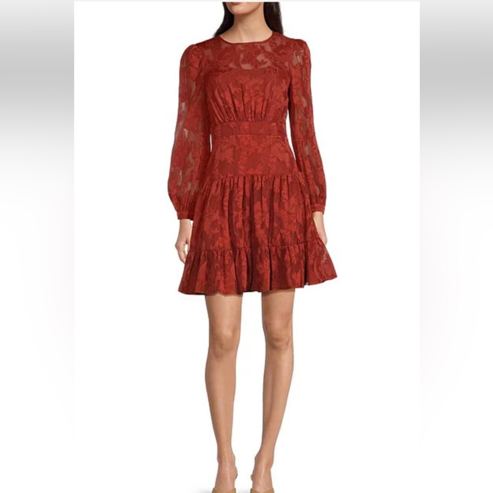 NWOT ELIZA J Metallic Stripe Floral Jacquard Long Sleeve Chiffon Dress - Picture 2 of 16
